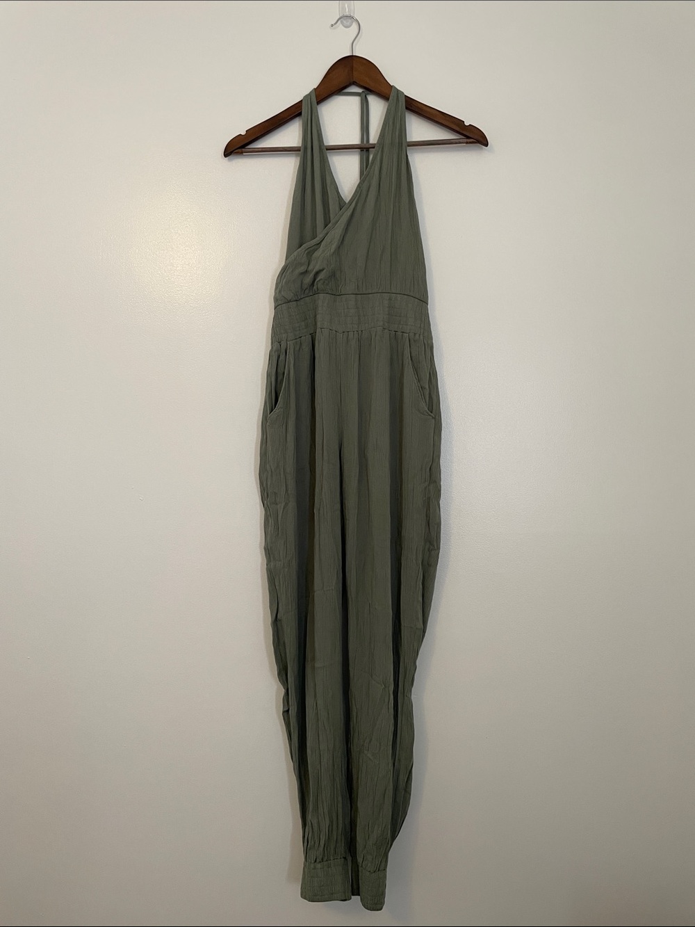 PrAna Fernie Army Green Crisscross Back Halter Top Jumpsuit